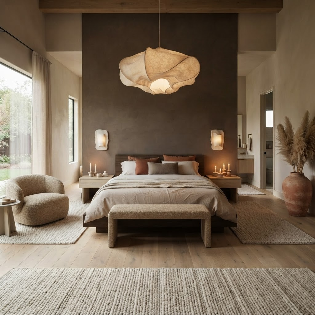 Warm minimal bedroom with mocha accent wall, sculptural pendant and bouclé bench