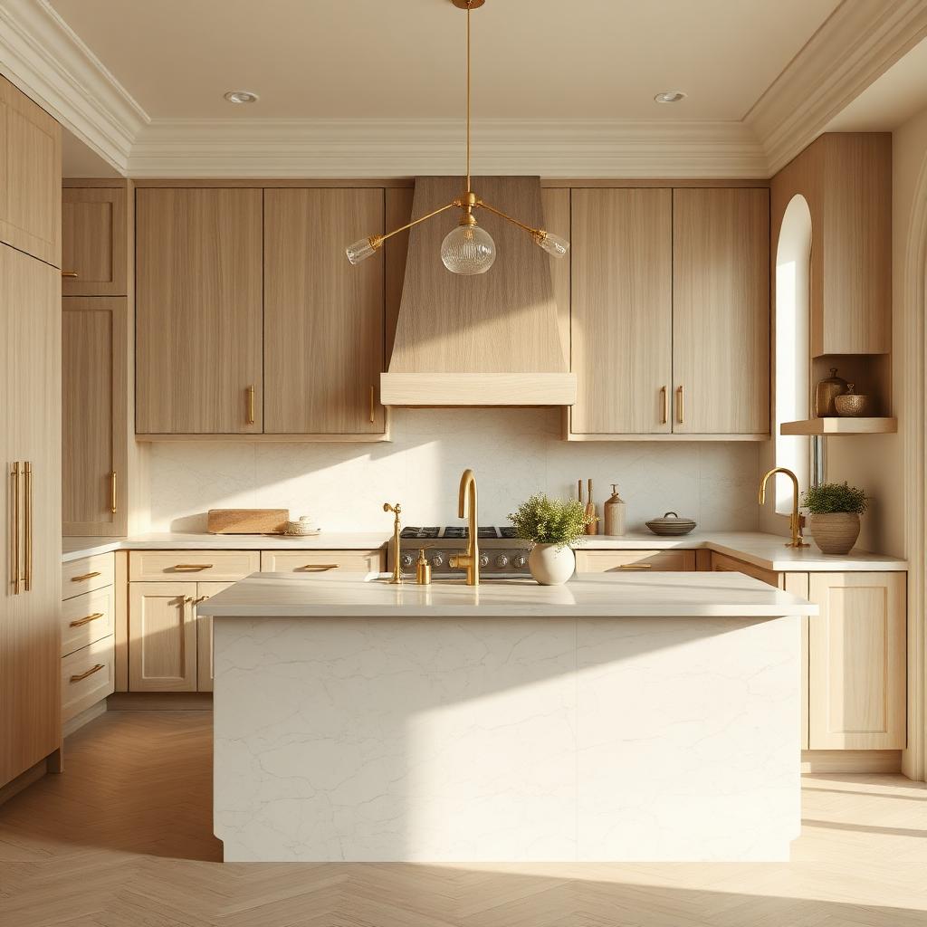 Quiet luxury kitchen with travertine island and white oak cabinetry