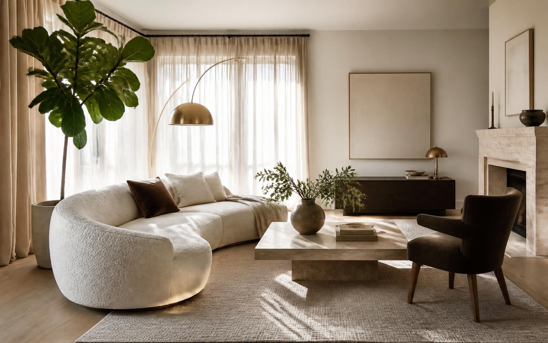 Sunlit living room with ivory bouclé sofa, travertine table and brushed brass arc lamp